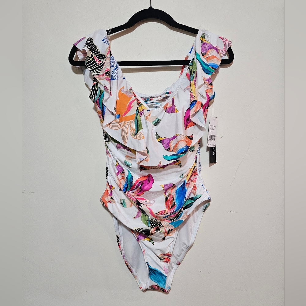 La Blanca One Piece Swimsuit - Women's Size 12 NWT Ruffle Floral Tropical Pool - Picture 4 of 16